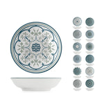 Colección de boles y platos Nora con diversos estampados geométricos en azul y gris