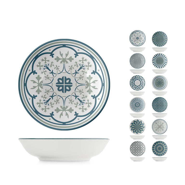 Colección de boles y platos Nora con diversos estampados geométricos en azul y gris