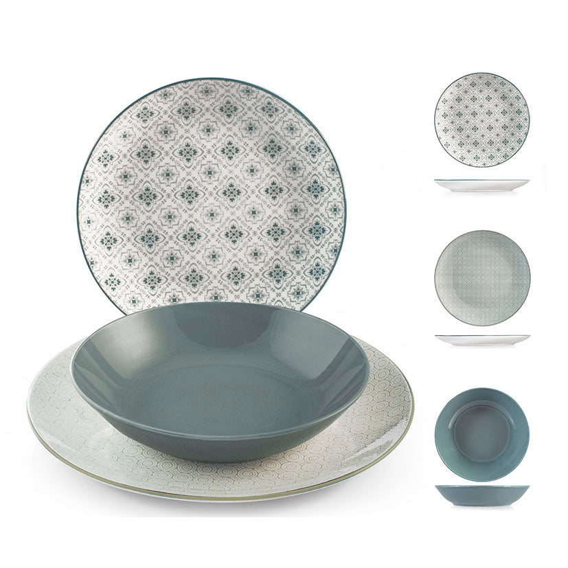 Vajilla de porcelana PENGO modelo Nora con estampados geométricos y circulares en tonos grises.