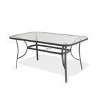 Mesa de jardín rectangular serie Rodas en acero gris antracita con sobre de cristal templado y orificio para sombrilla.