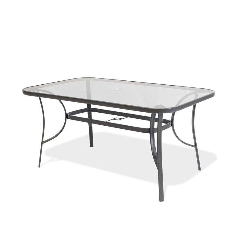Mesa de jardín rectangular serie Rodas en acero gris antracita con sobre de cristal templado y orificio para sombrilla.