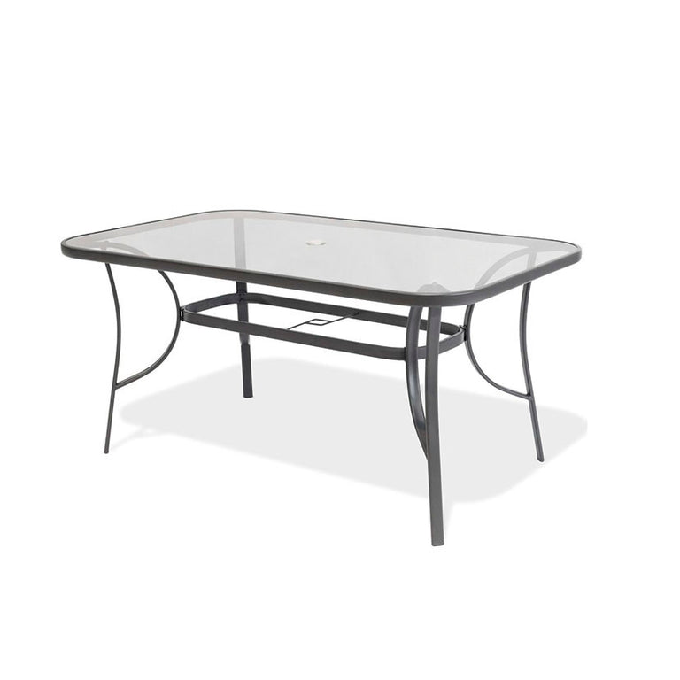 Mesa de jardín rectangular serie Rodas en acero gris antracita con sobre de cristal templado y orificio para sombrilla.