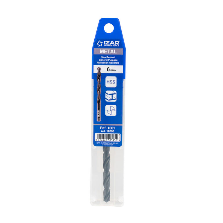 Embalaje individual de broca IZAR 1001 HSS de 6mm con especificaciones técnicas DIN 338N.