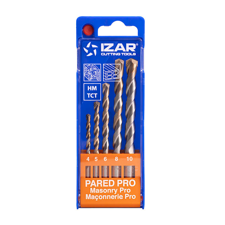 Estuche de 5 brocas IZAR Pared Pro con puntas de carburo de tungsteno en medidas 4, 5, 6, 8 y 10 mm.