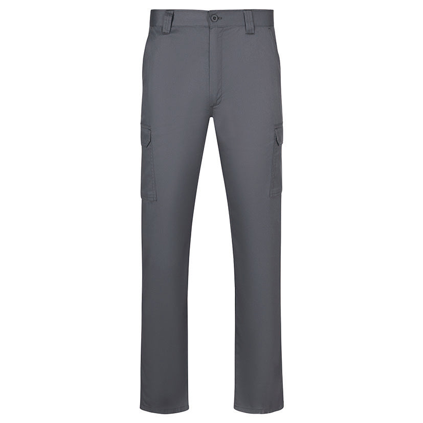 Pantalón de trabajo multibolsillos Ready gris con bolsillos laterales de carga y corte recto profesional.