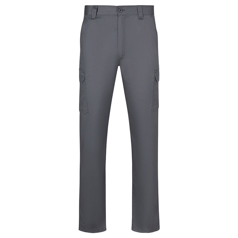 Pantalón de trabajo multibolsillos Ready gris con bolsillos laterales de carga y corte recto profesional.