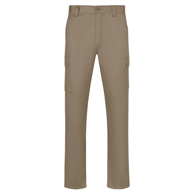 Pantalón de trabajo multibolsillos color beige arena con bolsillos laterales tipo cargo para herramientas