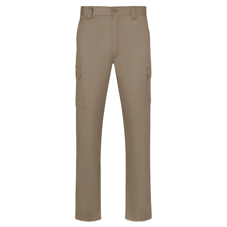 Pantalón de trabajo multibolsillos color beige arena con bolsillos laterales tipo cargo para herramientas