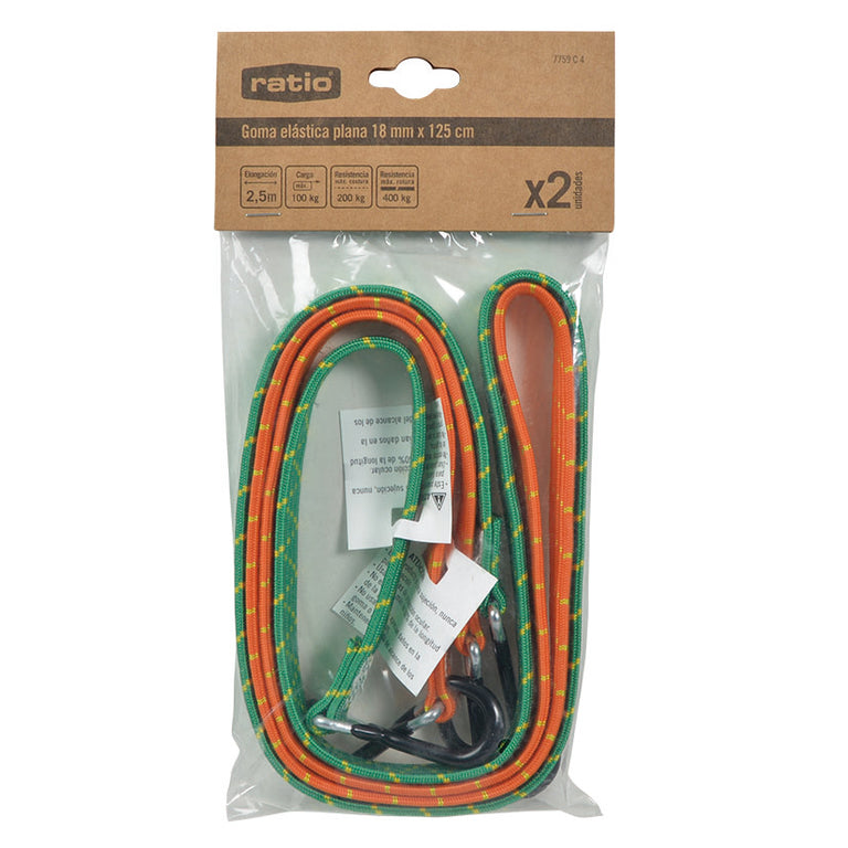 Cuerdas elásticas planas RATIO de 18mm x 125cm con ganchos de seguridad