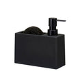 Dosificador de jabón líquido negro mate con compartimento portaesponjas y estropajo metálico incluido para cocina.