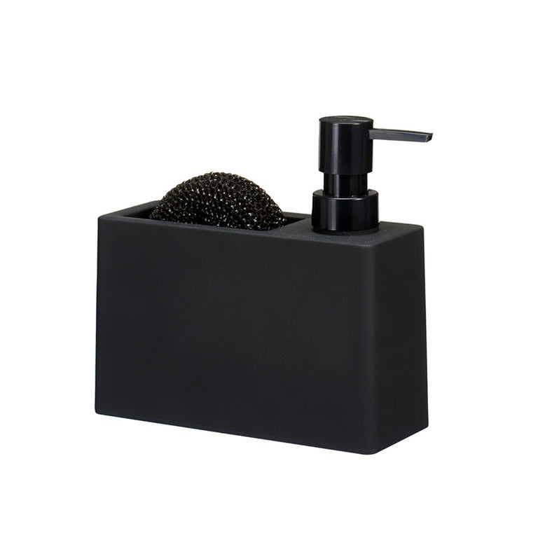 Dosificador de jabón líquido negro mate con compartimento portaesponjas y estropajo metálico incluido para cocina.