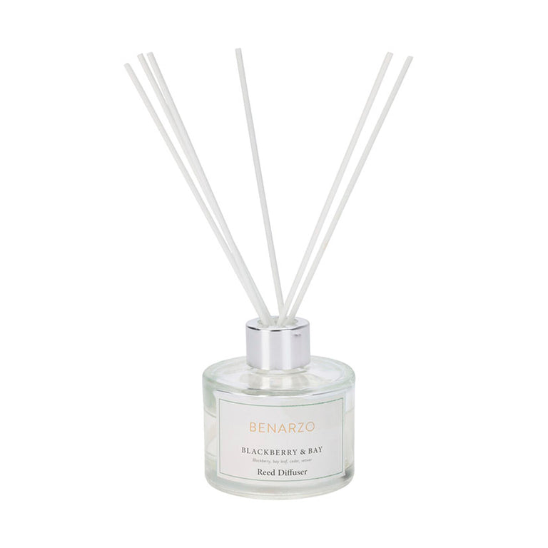 Ambientador Mikado Benarzo 80ml fragancia Blackberry & Bay en frasco de cristal con varillas blancas