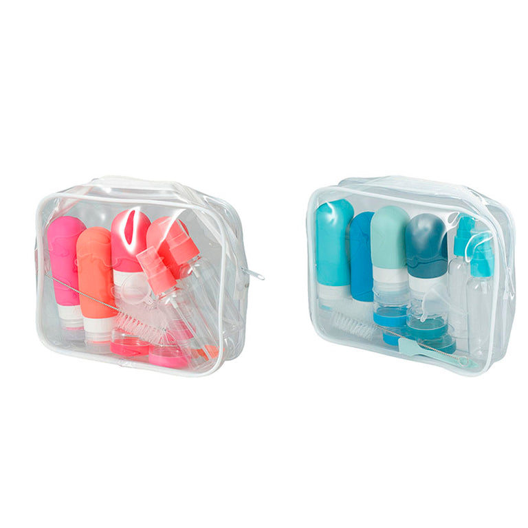 Set de neceser de viaje transparente con 15 piezas de botes rellenables en colores rosa y azul