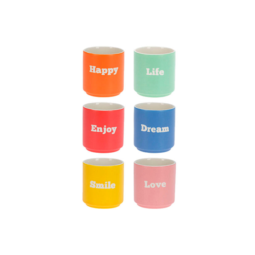 Set de 6 tazas de porcelana de colores surtidos con palabras motivacionales Happy Life Enjoy Dream Smile Love