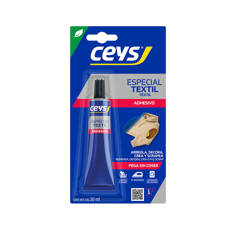 Blíster de Adhesivo Ceys Especial Textil 30ml para pegar tejidos sin coser, flexible y resistente al lavado.