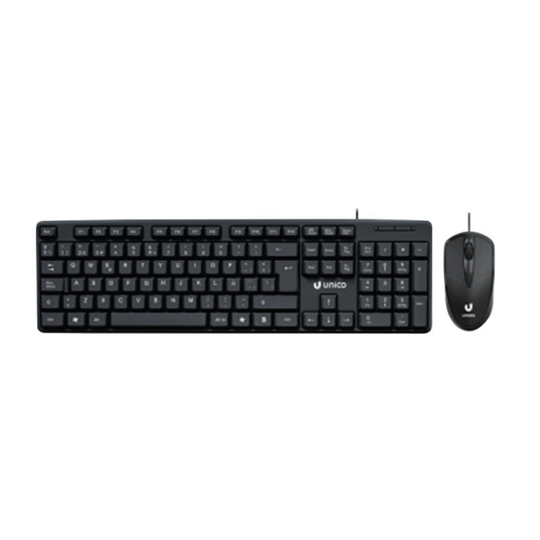 Pack de teclado español de 105 teclas y ratón óptico 3D con cable USB UNICO en color negro