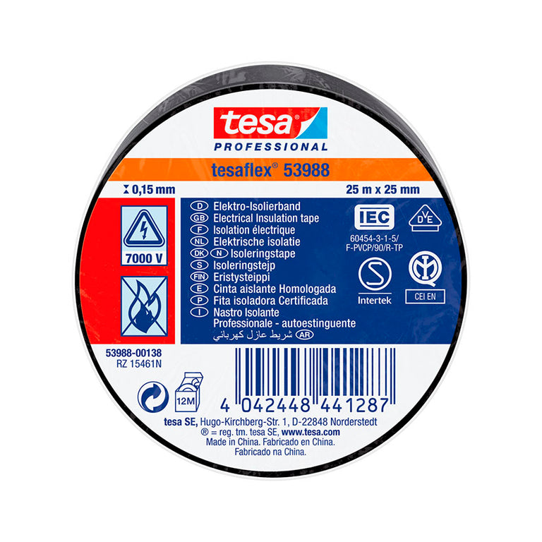 Rollo de cinta aislante profesional TESA Tesaflex 53988 negra 25mm x 25m