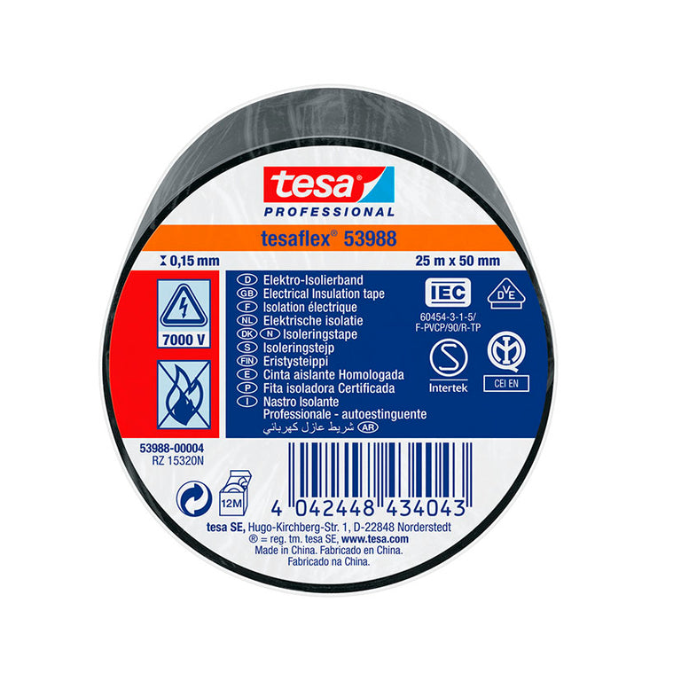 Cinta aislante TESA Tesaflex 53988 negra 50mm x 25m homologada 7000V