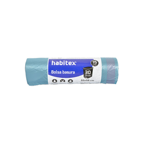 Rollo de 15 bolsas de basura HABITEX 30 litros color azul con sistema de autocierre y tecnología antigoteo