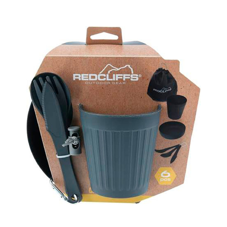 Set de vajilla de camping Redcliffs de 6 piezas color gris con cubiertos, vaso, plato y bolsa de transporte