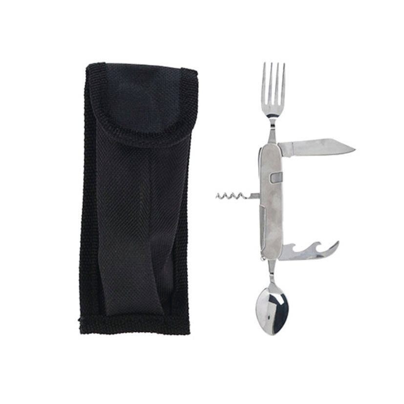 Navaja multiusos Redcliffs de acero inoxidable abierta con cubiertos y funda negra de transporte