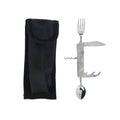 Navaja multiusos Redcliffs de acero inoxidable abierta con cubiertos y funda negra de transporte