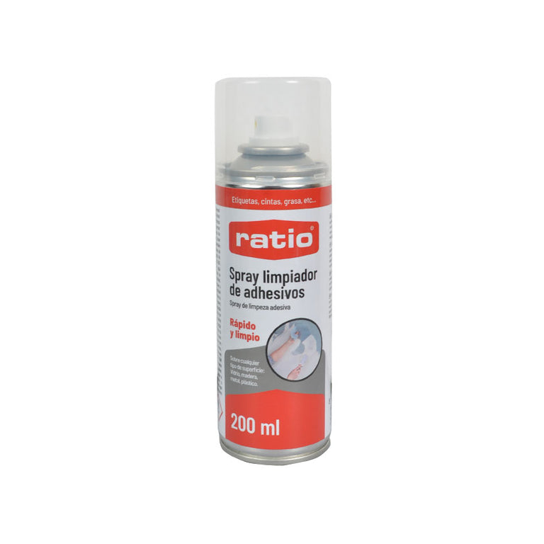 Bote de spray limpiador de adhesivos Ratio de 200 ml para superficies grandes y etiquetas.
