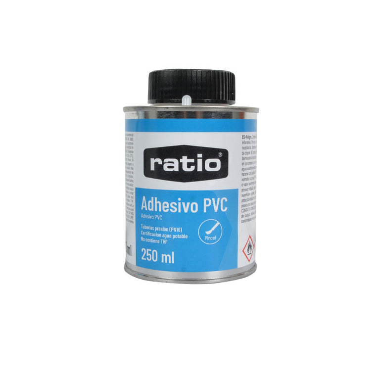 Adhesivo PVC RATIO 250 ml en bote metálico con pincel para tuberías de presión PN16.