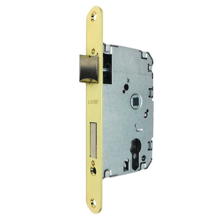 Cerradura de embutir Micel CRE03 acabado latonado para puertas de madera con resbalón reversible.