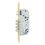 Cerradura de embutir Micel CRE07 con 4 bulones y acabado latonado para puertas de madera.