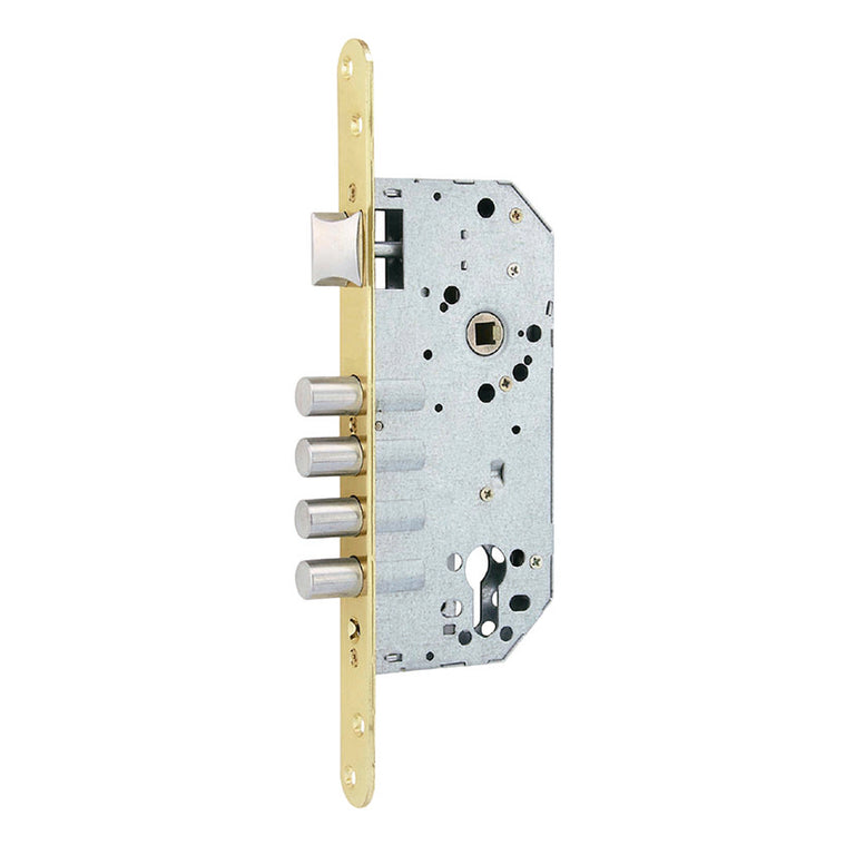 Cerradura de embutir Micel CRE07 con 4 bulones y acabado latonado para puertas de madera.