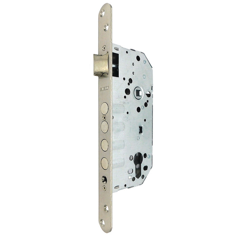 Cerradura de seguridad Micel CRE07 vista lateral con resbalón reversible y nueca de 8mm.