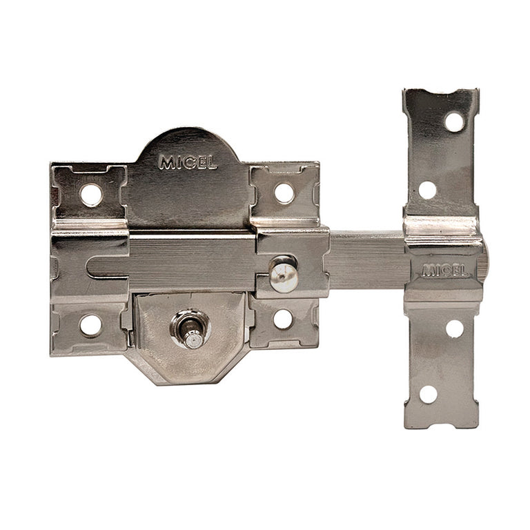 Cerrojo de sobreponer MICEL CRR10 en acabado níquel con placa de fijación y cerradero lateral.