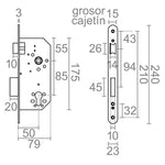 Esquema técnico con dimensiones detalladas de cerradura MICEL CRE06 50/85mm