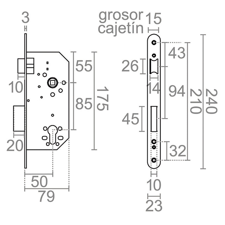 Esquema técnico con dimensiones detalladas de cerradura MICEL CRE06 50/85mm