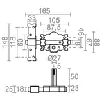 Plano técnico con medidas del cerrojo Micel CRR06: placa de 105mm y cilindro de 50mm.