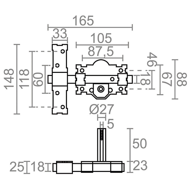 Plano técnico con medidas del cerrojo Micel CRR06: placa de 105mm y cilindro de 50mm.