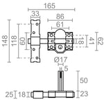 Plano técnico con medidas del cerrojo MICEL CRR09 mostrando dimensiones de 165mm de ancho y 148mm de alto.