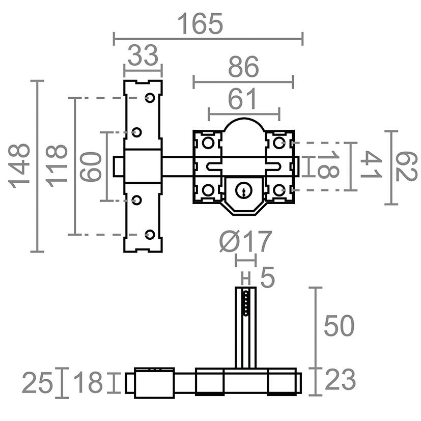 Plano técnico con medidas del cerrojo MICEL CRR09 mostrando dimensiones de 165mm de ancho y 148mm de alto.