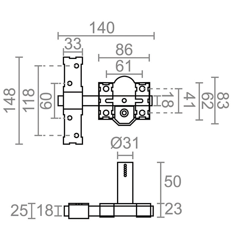 Plano técnico con medidas del cerrojo MICEL CRR10: 140mm de ancho, 148mm de alto y cilindro de 50mm.