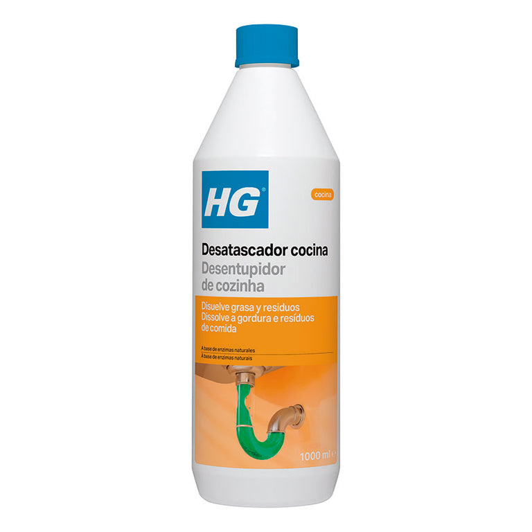 Botella de 1 litro de desatascador de cocina HG para eliminar grasa y restos de comida en tuberías.