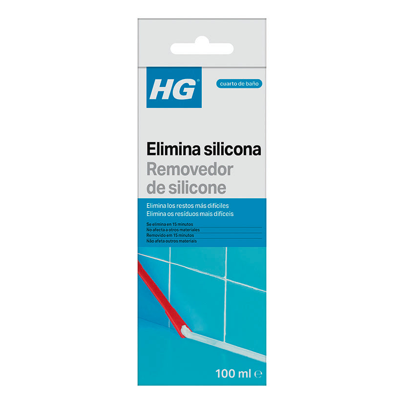 Envase de Eliminador de Silicona HG 100ml para cuarto de baño y cocina con espátula roja