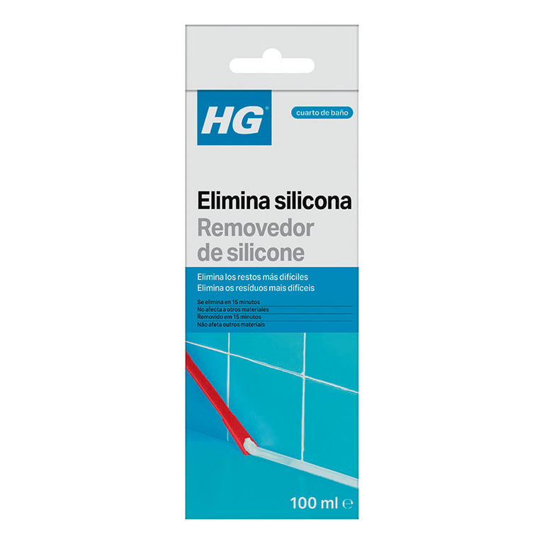 Envase de Eliminador de Silicona HG 100ml para cuarto de baño y cocina con espátula roja