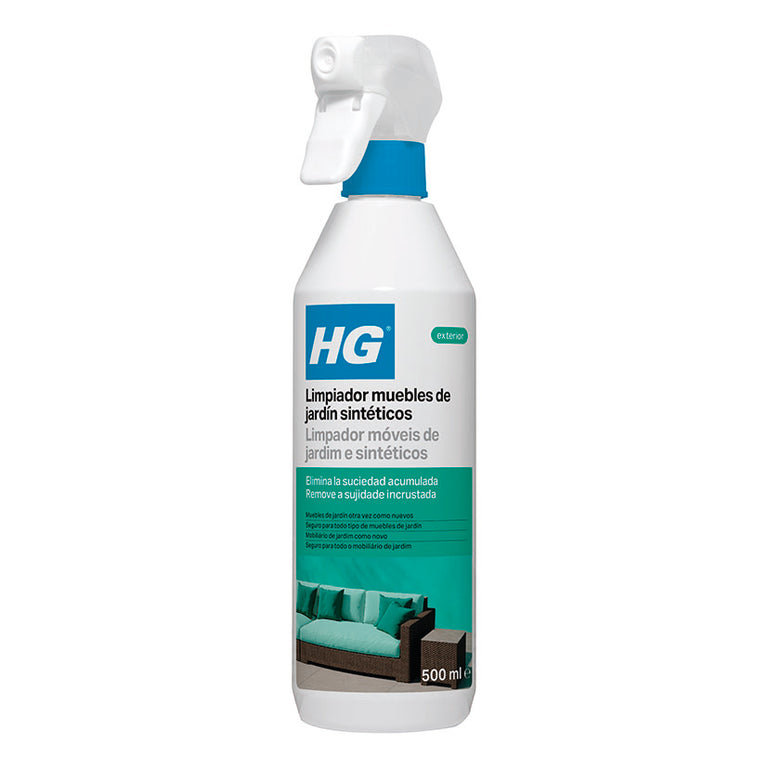 Bote de 500ml de limpiador HG para muebles de jardín sintéticos con pulverizador blanco y azul
