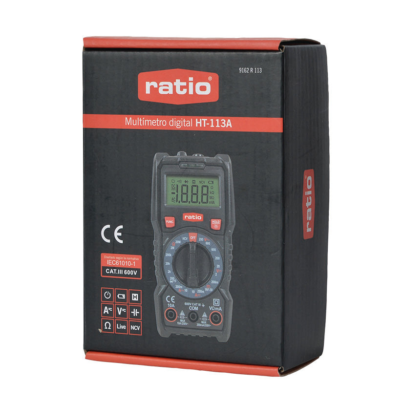 Embalaje original del multímetro digital RATIO HT-113A con iconos de funciones técnicas