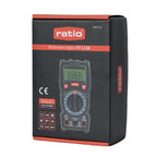 Embalaje original del multímetro digital RATIO HT-113A con iconos de funciones técnicas