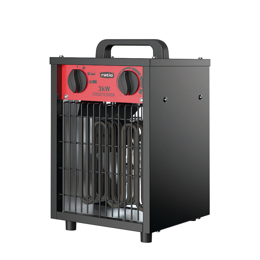 Calefactor eléctrico portátil RATIO PRO 3kW con asa de transporte superior y rejilla de seguridad frontal