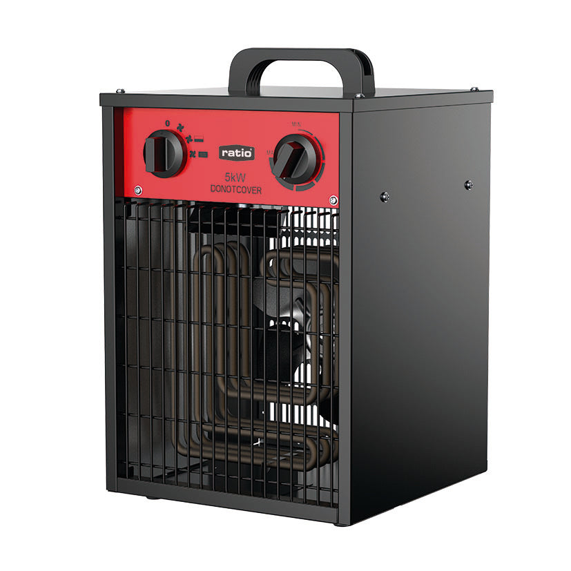 Calefactor industrial RATIO PRO 5kW con cuerpo metálico negro, panel rojo y mandos de control giratorios