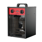 Calefactor industrial RATIO PRO 5kW con cuerpo metálico negro, panel rojo y mandos de control giratorios