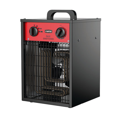 Calefactor industrial RATIO PRO 5kW con cuerpo metálico negro, panel rojo y mandos de control giratorios